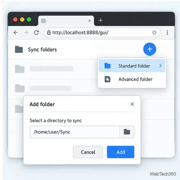 Lista de pastas da interface web do Resilio Sync com menu de adição, opção de pasta padrão e seletor de diretórios.