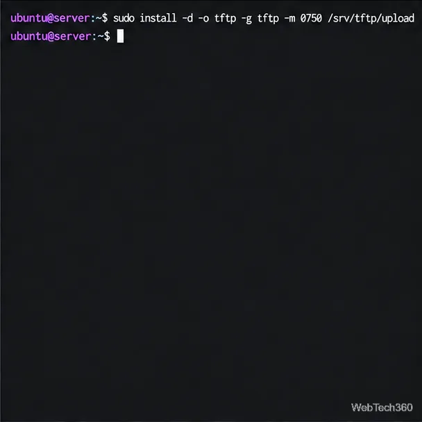 Création du terminal Ubuntu /srv/tftp/upload avec l'utilisateur et le groupe TFTP et le mode 0750