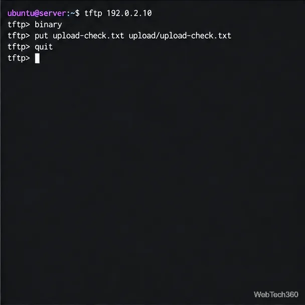Terminal client TFTP envoyant upload-check.txt à upload/upload-check.txt en mode binaire