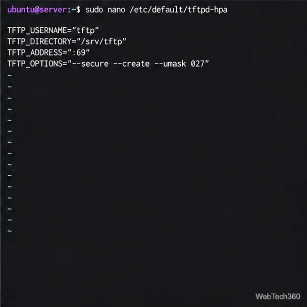 Éditeur de terminal affichant tftpd-hpa configuré avec la racine /srv/tftp, le mode sécurisé, les téléchargements et le masque de permissions 027