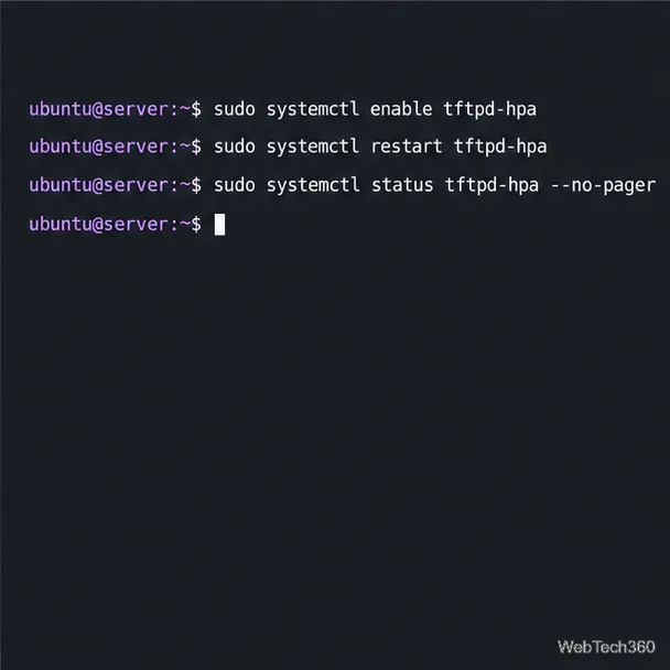 Commandes du terminal Ubuntu Server pour activer, redémarrer et inspecter le service tftpd-hpa