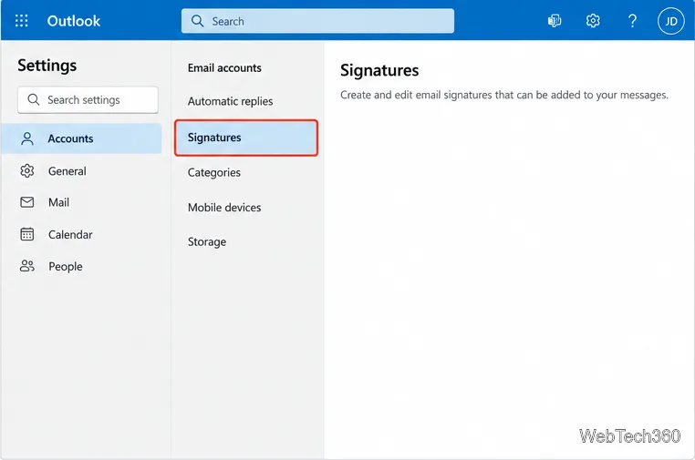 Outlook.com Settings pane with Accounts selected and Signatures highlighted