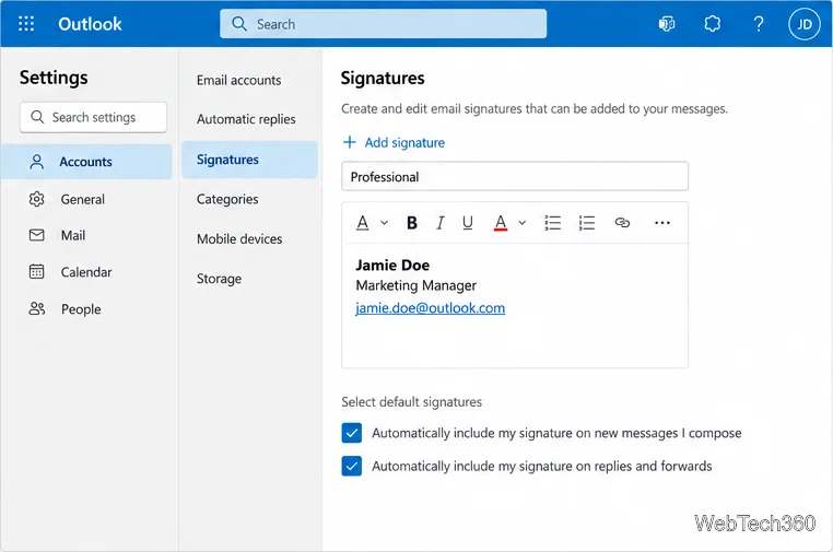 Outlook.com signature editor with a named signature, formatted contact details, and automatic insertion checkboxes