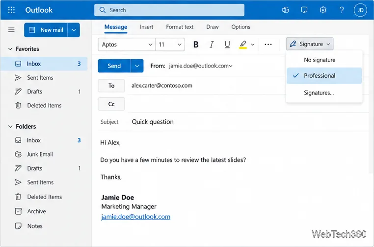 Outlook.com message composer with the Signature menu open and a saved Professional signature selected