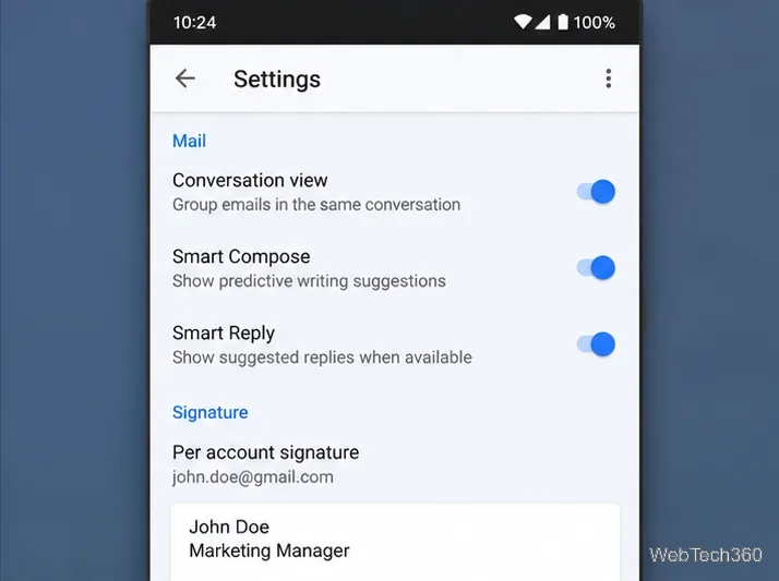 Exemple de paramètres Outlook Mobile montrant la section Signature et une signature par compte