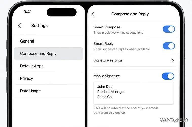 Exemple de paramètres Gmail sur iPhone affichant les options « Composer » et « Répondre » ainsi qu'un champ de signature mobile
