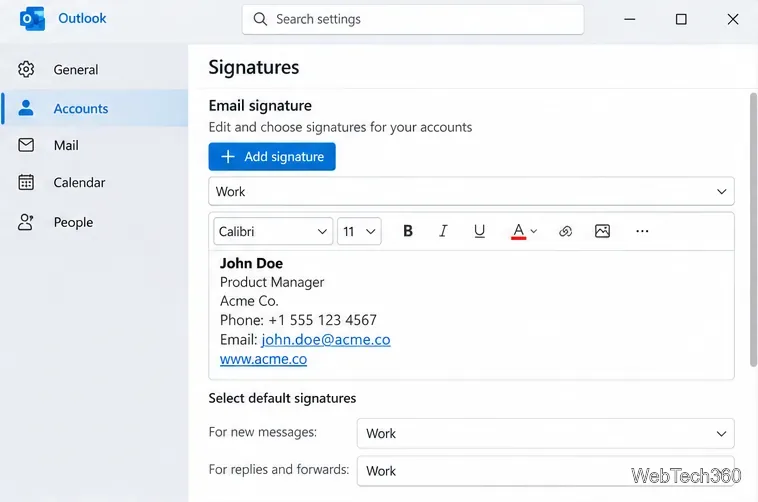 Exemple de paramètres de signature Outlook affichant les comptes et les valeurs par défaut de la signature