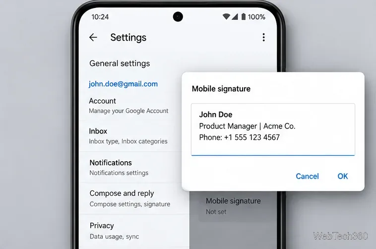 Exemple de paramètres Gmail pour Android montrant le champ de texte de la signature mobile