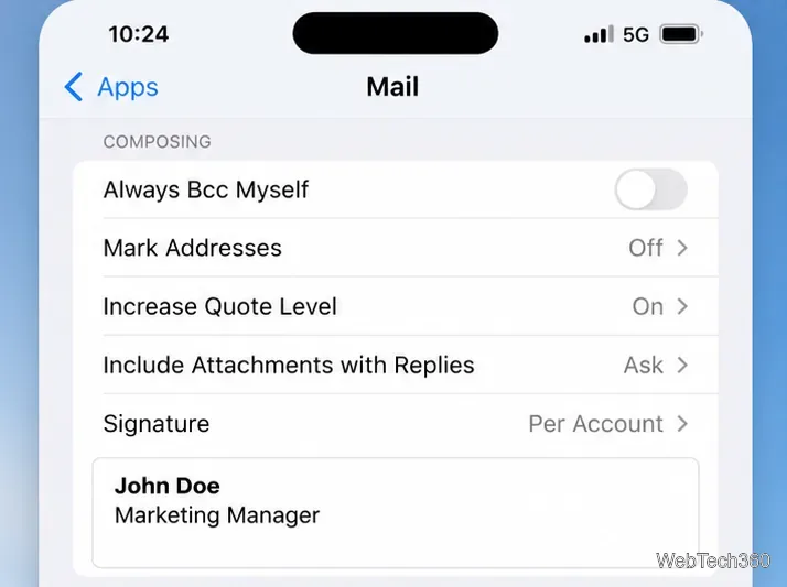 Exemple de configuration de Mail sur iPhone avec commandes de signature et par compte