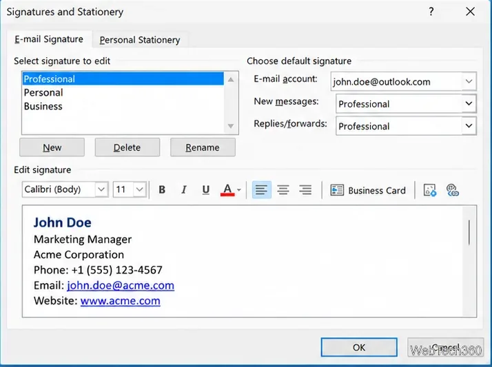 Fenêtre classique Outlook Signatures et Papeterie avec éditeur et sélecteurs de signature par défaut