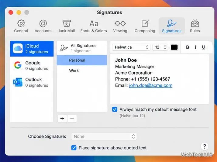 Exemple de configuration des signatures dans Mail sur Mac avec liste des comptes, liste des signatures et éditeur de texte