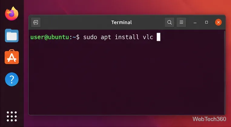 Ubuntu Terminal window showing the sudo apt install vlc command