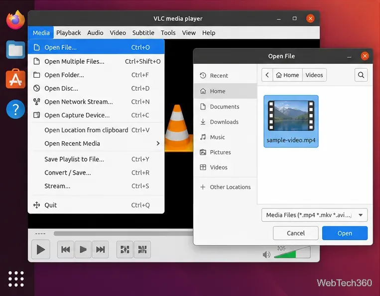 VLC media player on Ubuntu with Media Open File selected and an MP4 file chosen in the file picker