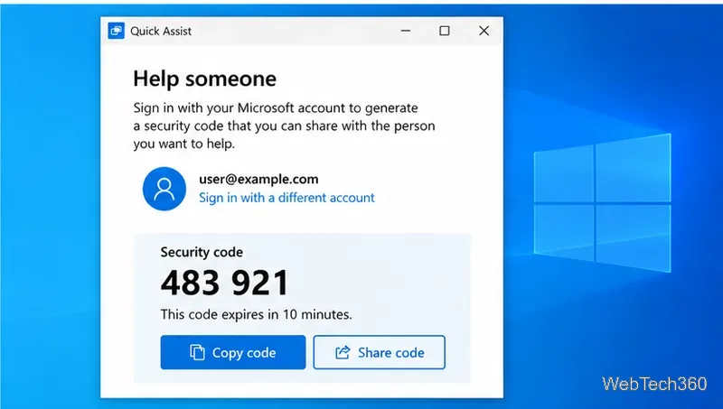 Quick Assist Help someone screen displaying a six-digit security code for a remote support session