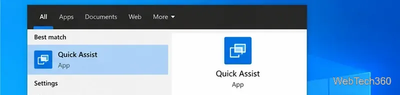 Windows 10 search results showing the Quick Assist app
