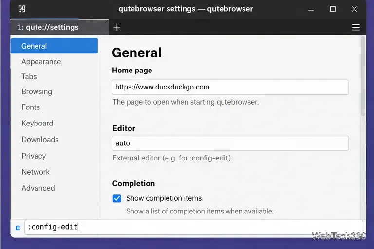 Vista de la configuración de Qutebrowser con la página de configuración de Qute y el comando de edición de configuración visibles.