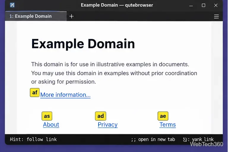 El modo de sugerencias de Qutebrowser muestra etiquetas cortas del teclado sobre los enlaces en una página web de ejemplo.