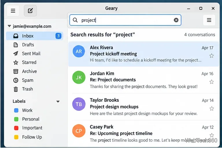 Geary search results for the word project showing several matching conversations