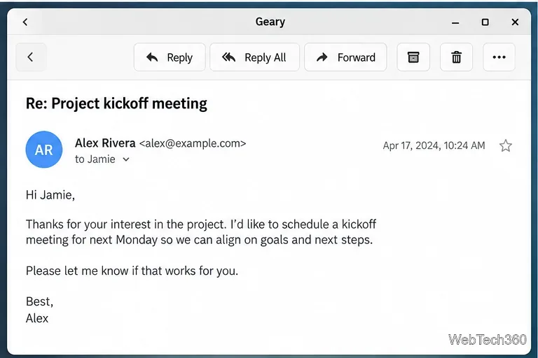 Open Geary message with Reply, Reply All, Forward, Archive, Delete, and More buttons