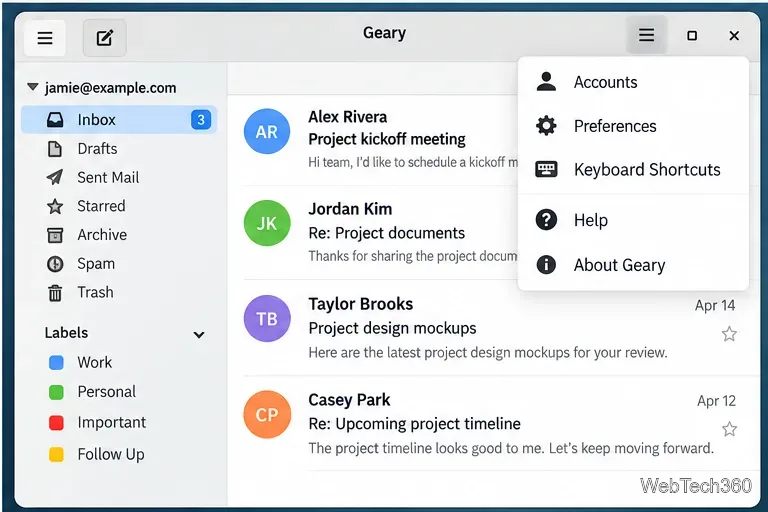Geary application menu showing Accounts, Preferences, Keyboard Shortcuts, Help, and About Geary
