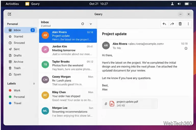 Geary inbox with folders, a list of email conversations, and an open Project update message