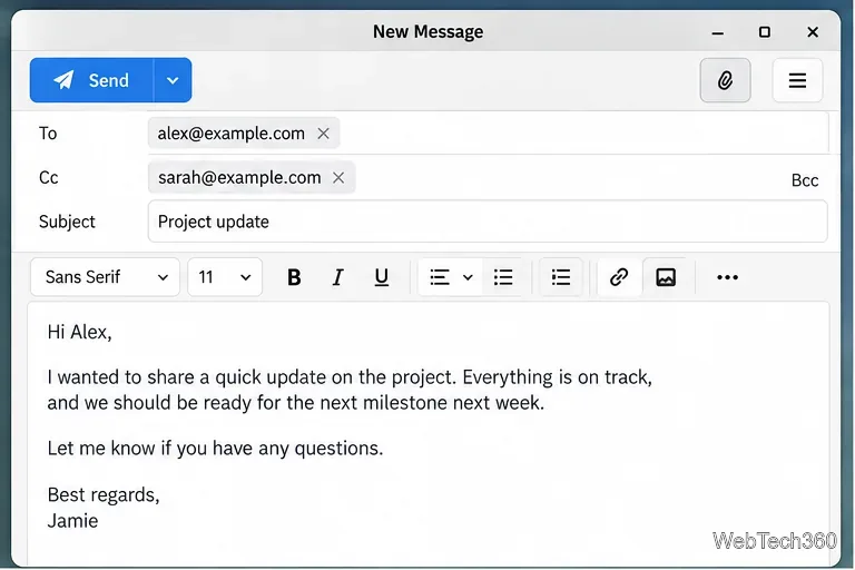 Geary new message composer with To, Cc, Subject, formatting, attachment, and Send controls