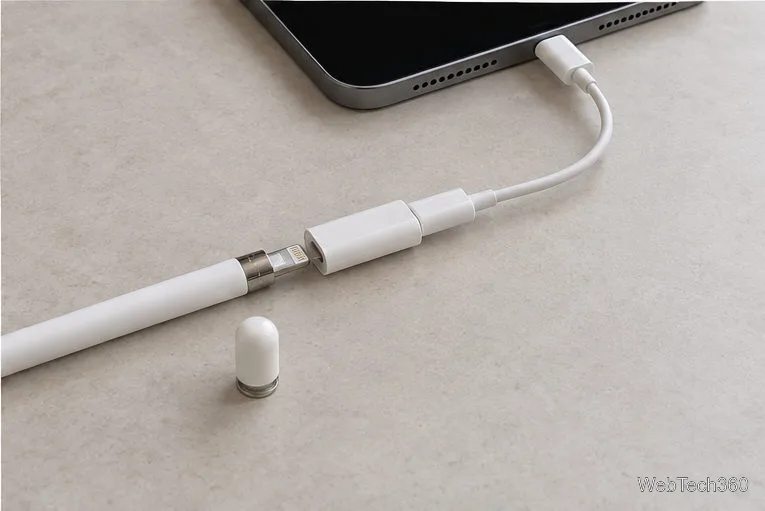 Apple Pencil (1-го поколения) и адаптер USB-C для Apple Pencil, подключенные кабелем к iPad с разъемом USB-C.