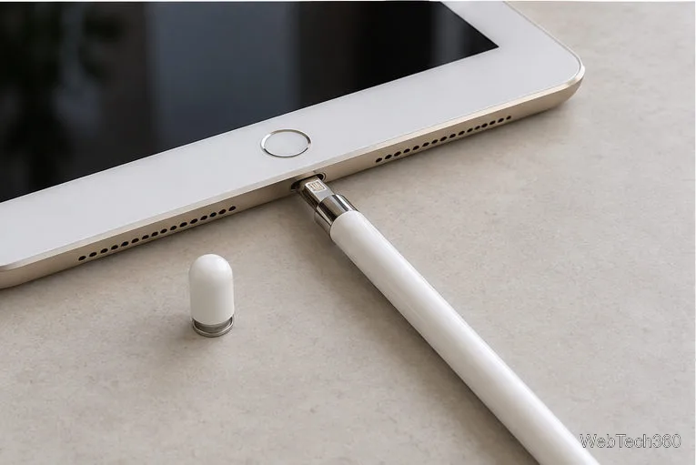 Apple Pencil (1-го поколения), подключенный к разъему Lightning на iPad с кнопкой Home.