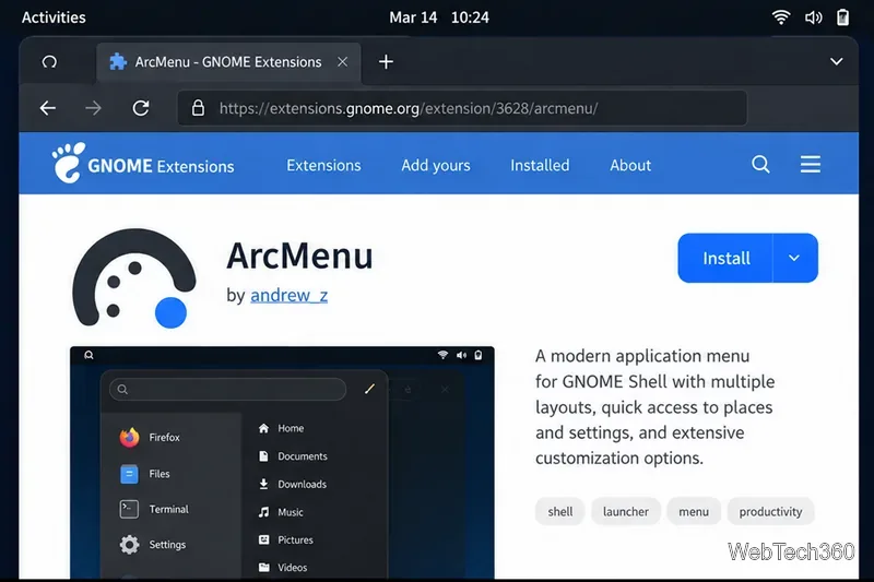 ArcMenu extension detail page on GNOME Extensions with its Install control visible
