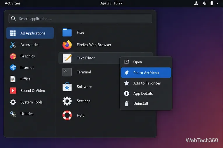 ArcMenu application list with a right-click context menu and the Pin to ArcMenu action highlighted