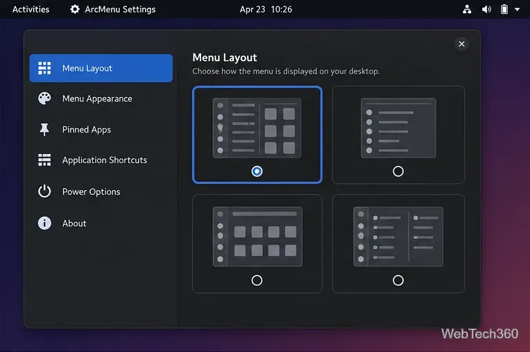 ArcMenu Settings showing a Menu Layout page with four layout preview choices