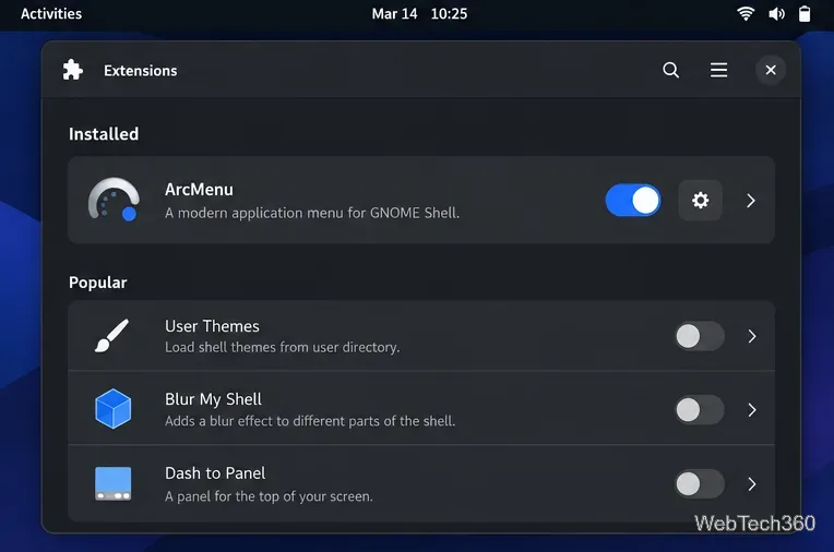 GNOME Extensions app showing ArcMenu enabled with its settings button beside the switch