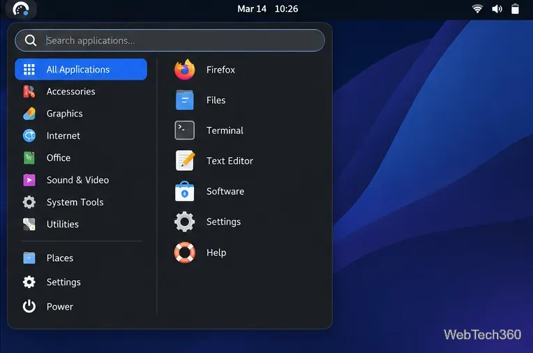 ArcMenu open on the GNOME desktop with its search field, application categories, Places, Settings, and Power links