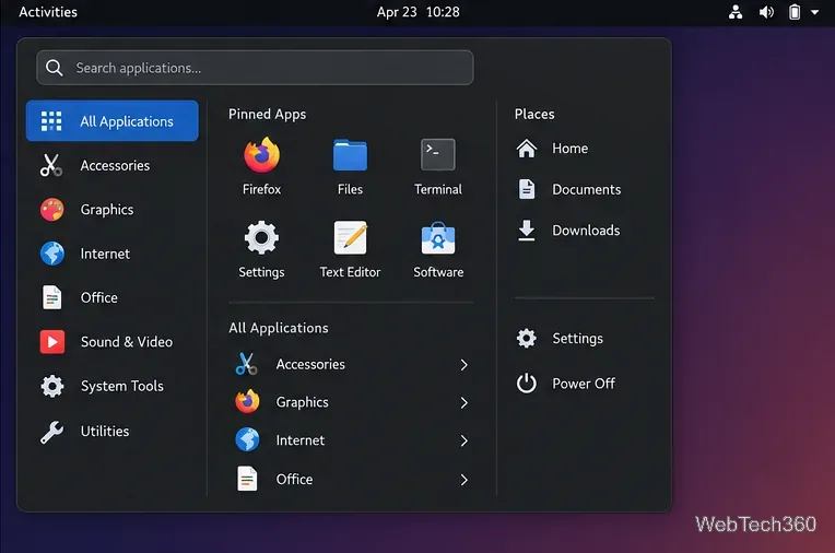 ArcMenu layout showing pinned applications, Home, Documents, Downloads, Settings, and Power Off shortcuts