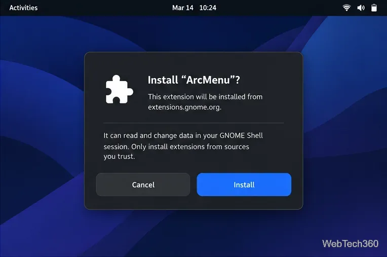 GNOME Shell confirmation dialog asking whether to install the ArcMenu extension