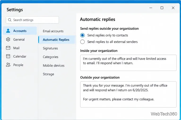 Nouveaux paramètres Outlook affichant des zones de réponse distinctes pour les contacts internes et externes à l'organisation, ainsi qu'une option « Contacts uniquement ».