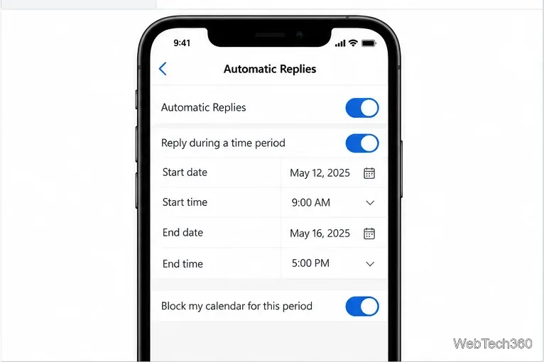 Écran des réponses automatiques d'Outlook mobile avec bascule et période activées, champs de début et de fin, et contrôle « Bloquer mon calendrier ».