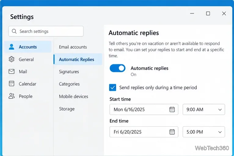 Nouveaux paramètres de réponses automatiques Outlook avec la fonctionnalité activée et les champs de date et d'heure de début et de fin visibles.