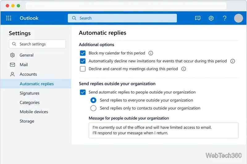 Page de réponses automatiques d'Outlook sur le Web affichant le blocage du calendrier, les options d'invitation aux réunions et les contrôles des expéditeurs externes.