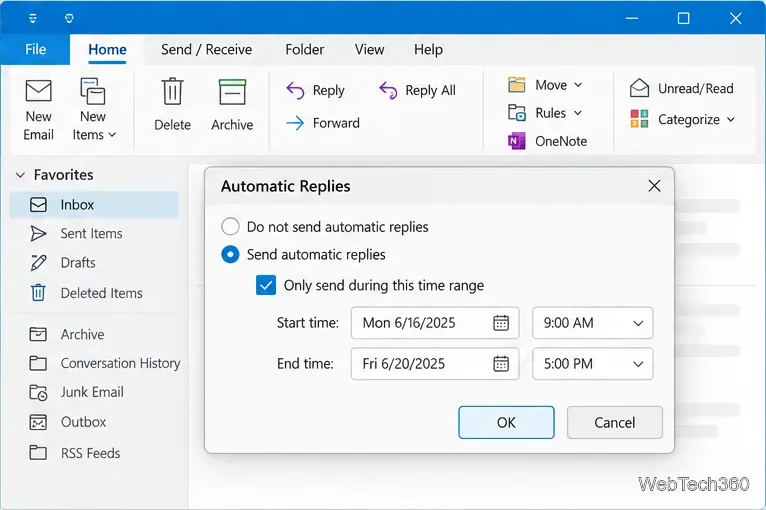 Outlook classique pour Windows avec la boîte de dialogue Réponses automatiques ouverte, les réponses planifiées sélectionnées et les champs d'heure de début et de fin renseignés.