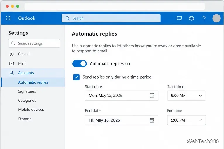 Paramètres d'Outlook sur le web affichant l'option « Réponses automatiques » activée et les champs de date de début et de fin planifiées.