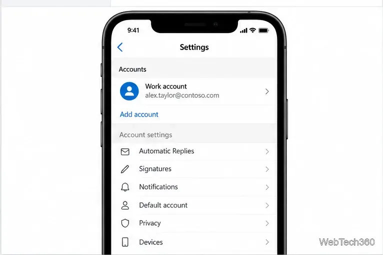 Page des paramètres de l'application Outlook mobile avec un compte professionnel et l'élément « Réponses automatiques » visible.