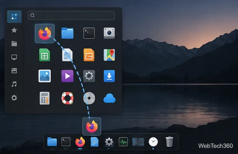 An application icon being dragged from a Linux applications grid onto Cairo-Dock.