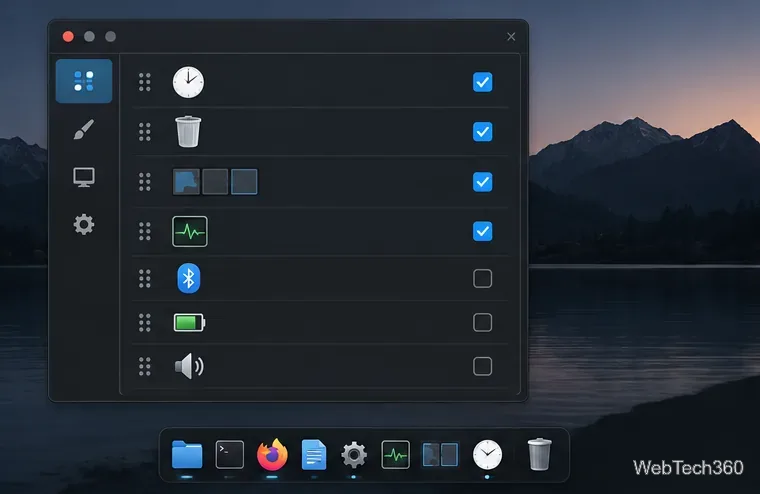 The Cairo-Dock applets panel with a few common applet icons enabled and others unchecked.