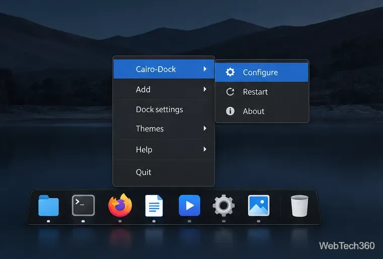 A Cairo-Dock right-click menu with the Configure option highlighted.