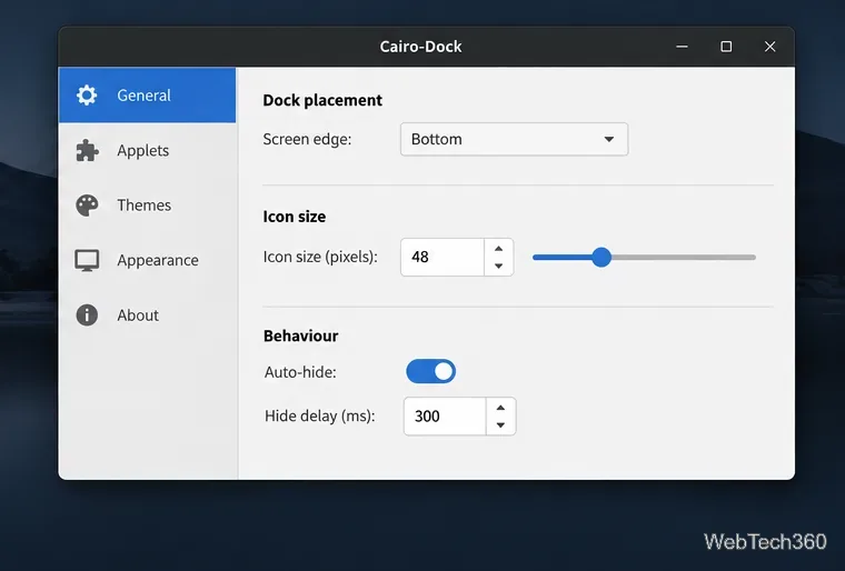 A Cairo-Dock configuration window showing screen-edge, icon-size, and auto-hide controls.