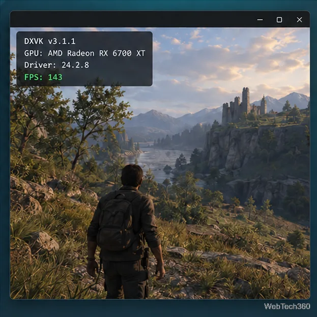 Fenêtre de jeu générique avec l'interface DXVK affichant la version, le périphérique graphique, le pilote et la fréquence d'images.