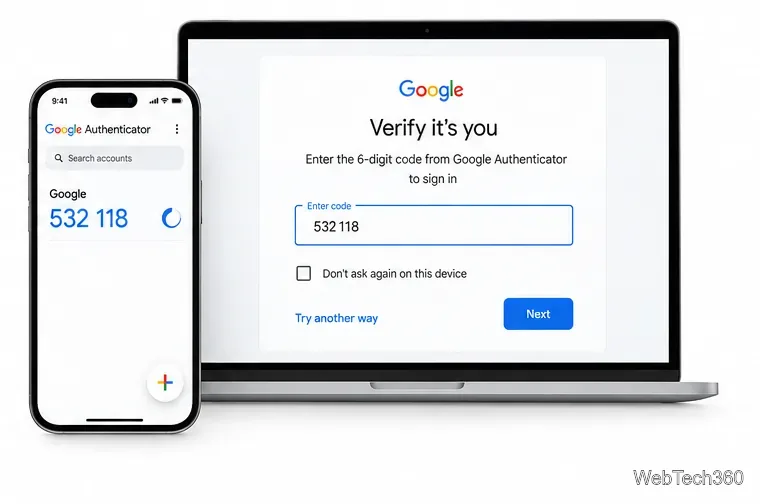 Ilustrație a unei solicitări de verificare a conectării la Gmail lângă un cod Google Authenticator