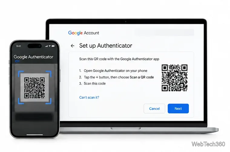Ilustrație a unui cod QR de configurare a aplicației Google Account Authenticator lângă ecranul de scanare al aplicației Google Authenticator