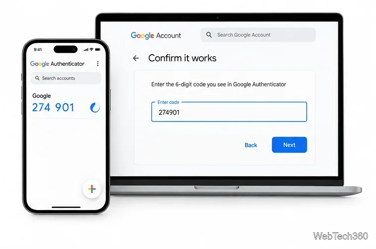 Ilustrație a Google Authenticator care prezintă un cod unic lângă un formular de confirmare a Contului Google